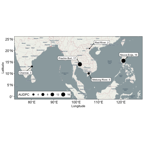 Rice bacterial blight area under the disease progress curve (AUDPC) values for an establishment date of June 30, 2000 at five locations, Mekong River Delta and Red River Delta in Vietnam; Prachin Buri, Thailand; Chennai, India and Nueva Ecija, in the Philippines. These data were obtained from the NASA Langley Research Center POWER Project funded through the NASA Earth Science Directorate Applied Science Program. Map base layer data is © OpenStreetMap contributors.